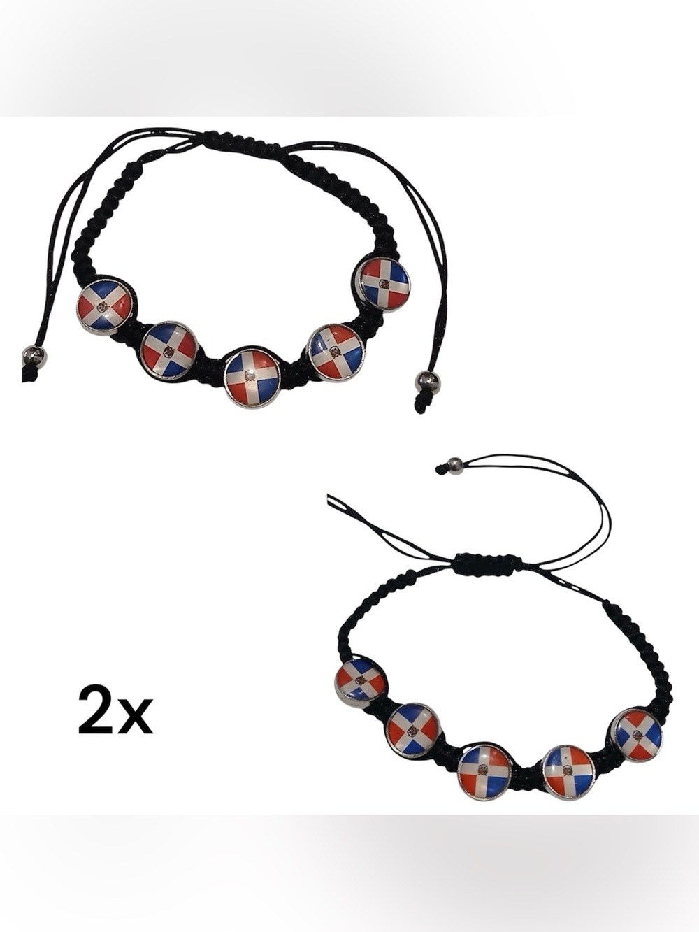2x Handmade Dominican Flag  Black Rope  Cord Adjustable Bracelet Dominican Repu